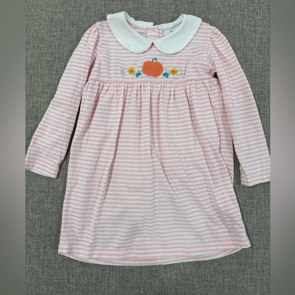 Little English Pink Striped Long Sleeve Dress with Pumpkin Embroidery - Size 4T